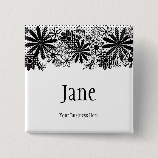 Black and White Dotted Flowers Name Badge Button (Voorkant)
