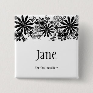 Black and White Dotted Flowers Name Badge Button