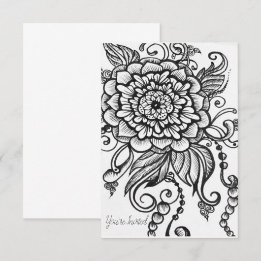 Black and White Drawn Floral Party Uitnodiging (Voorkant / Achterkant)