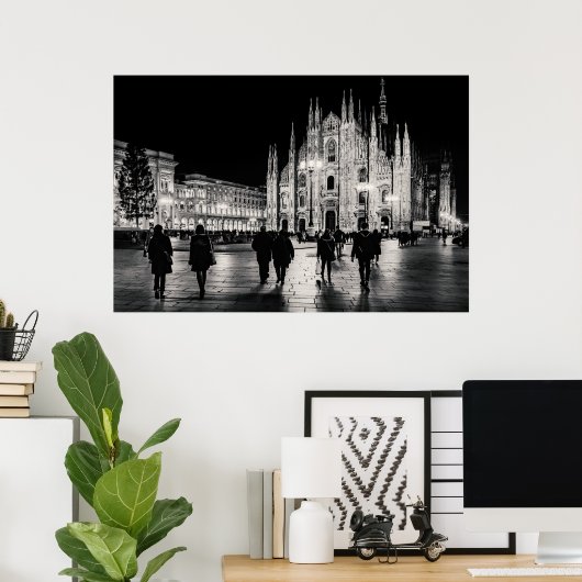 Black and White Duomo Piazza Night Scene, Milaan Poster (Thuiskantoor)