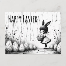 Black and White Easter Girl with Bunny Ears Briefkaart