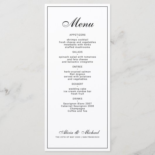 Black and white elegant classic wedding menu (Voorkant)