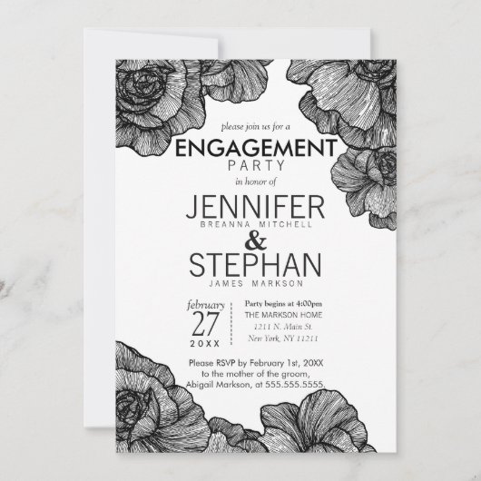 Black and White Elegant Floral Engagement Party Kaart (Voorkant)
