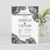 Black and White Elegant Floral Engagement Party Kaart (Staand voorkant)