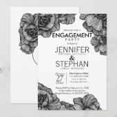 Black and White Elegant Floral Engagement Party Kaart (Voorkant / Achterkant)