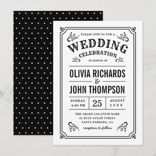 Black and White Elegant Script Vintage Wedding Kaart (Voorkant / Achterkant)