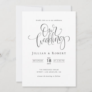 black and white elegant script wedding invitation kaart