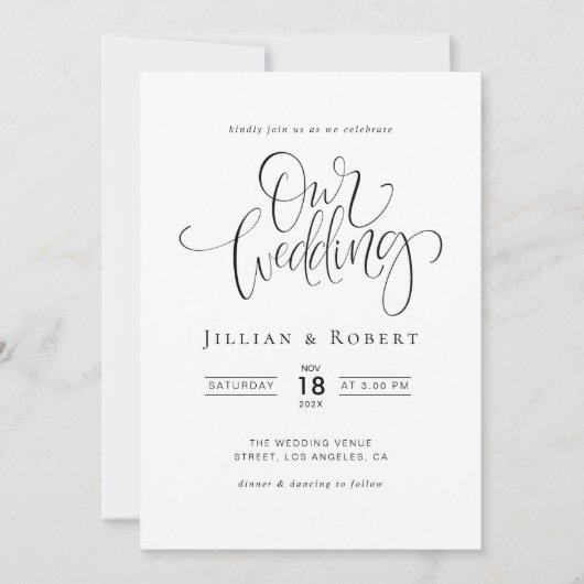 black and white elegant script wedding invitation kaart (Voorkant)