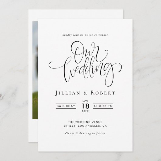black and white elegant script wedding invitation kaart (Voorkant / Achterkant)