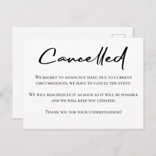 Black and white event annuleringsaankondiging briefkaart (Voorkant / Achterkant)