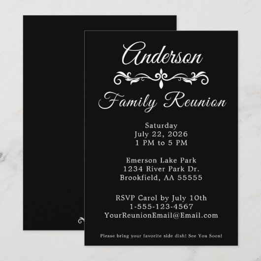 Black and White Family Reunion Elegant Script Inv Kaart (Voorkant / Achterkant)
