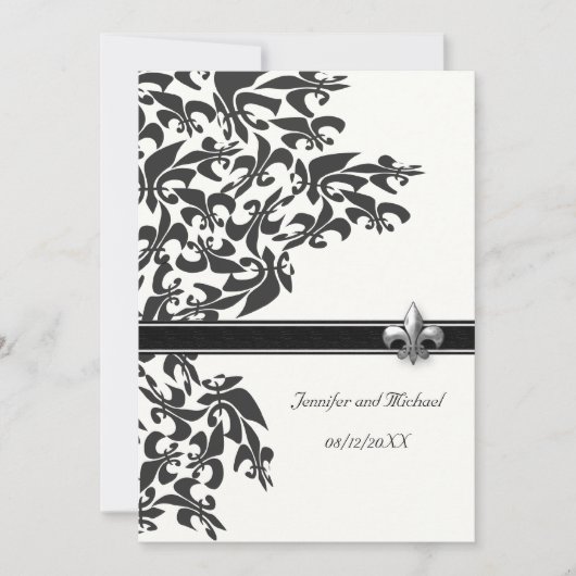 Black and White Fleur de Lis Design Wedding Invite Kaart (Voorkant)