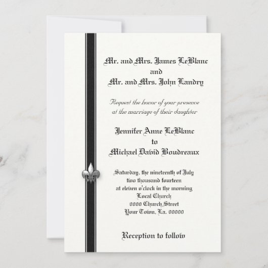 Black and White Fleur de Lis Design Wedding Invite Kaart (Achterkant)