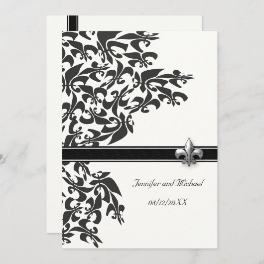 Black and White Fleur de Lis Design Wedding Invite Kaart (Voorkant / Achterkant)