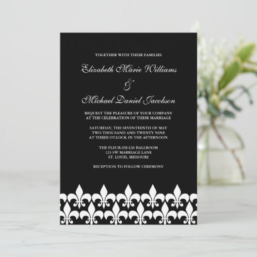 Black and White Fleur de Lis Wedding Kaart (Staand voorkant)