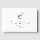 Black and White Flora Monogram Calligraphy Wedding Gastenboek (Voorkant)