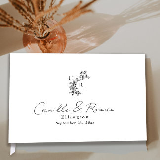 Black and White Flora Monogram Calligraphy Wedding Gastenboek