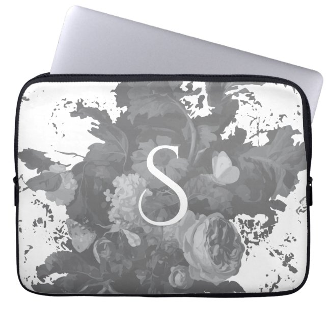 Black and White Floral Artistic Personalized Gift Laptop Sleeve (Voorkant)
