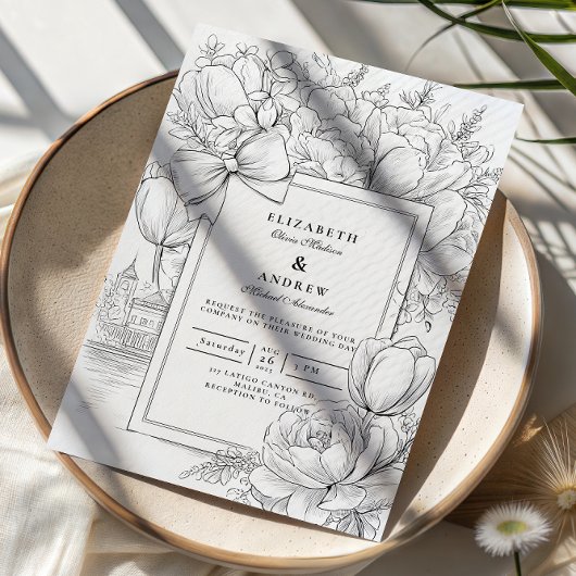 Black and White Floral Bow Wedding Kaart