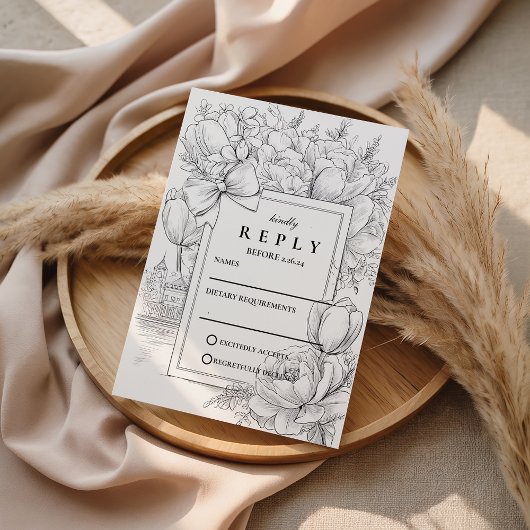 Black and White Floral Bow Wedding RSVP Kaartje