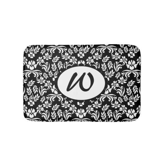 Black and White Floral Damask Monogrammed Bath Mat (Voorkant)