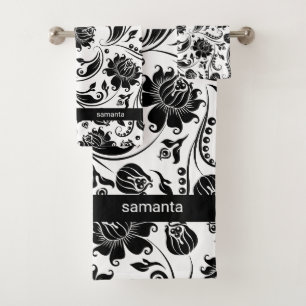Black and White Floral Damask Pattern Bad Handdoek