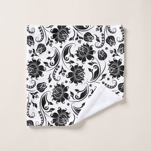 Black and White Floral Damask Pattern Bad Handdoek (Wasdoekje)