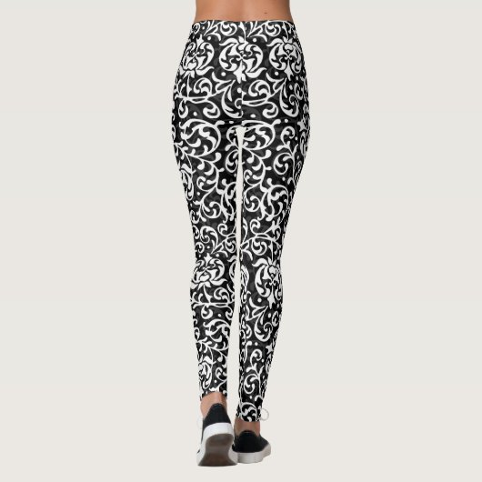 Black and White Floral Damask Pattern Leggings (Achterkant)
