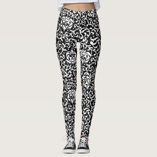 Black and White Floral Damask Pattern Leggings (Voorkant)