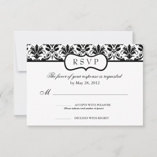 Black and White Floral Damask-reactiekaart RSVP Kaartje (Voorkant)