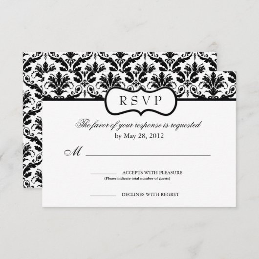 Black and White Floral Damask-reactiekaart RSVP Kaartje (Voorkant / Achterkant)