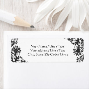 Black and White Floral Damask Retouradres Etiket