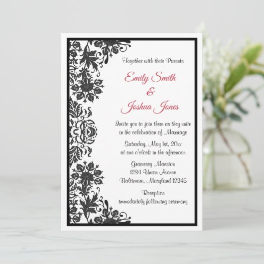 Black and White Floral Damask Wedding Kaart (Staand voorkant)