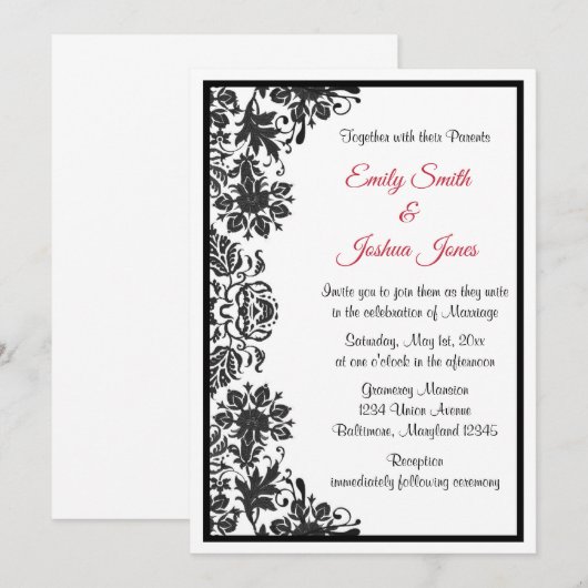 Black and White Floral Damask Wedding Kaart (Voorkant / Achterkant)