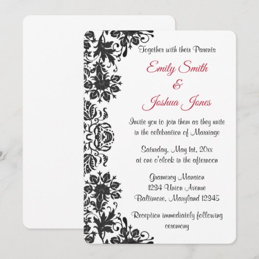 Black and White Floral Damask Wedding Kaart (Voorkant / Achterkant)