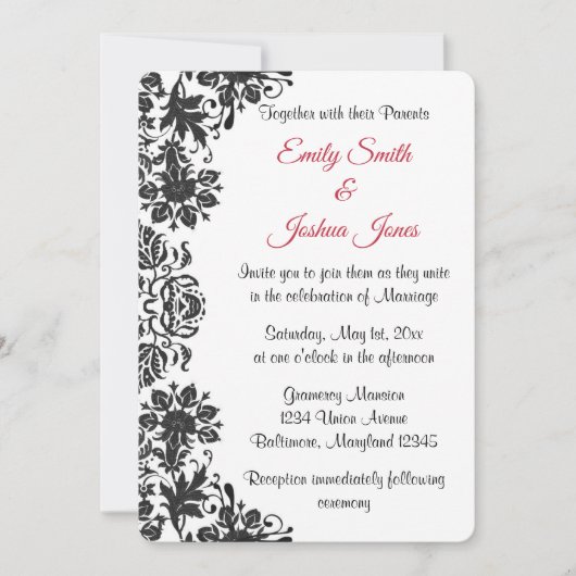 Black and White Floral Damask Wedding Kaart (Voorkant)