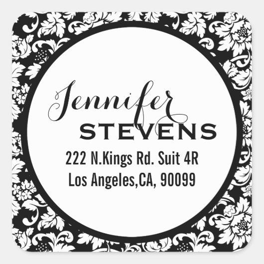 Black and White Floral Damaskers Vierkante Sticker (Voorkant)