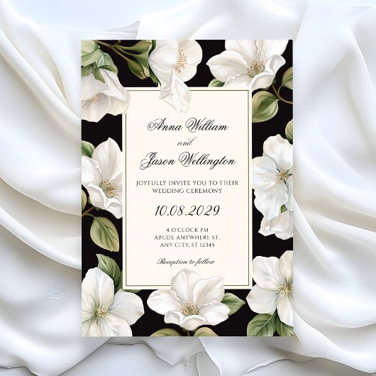 Black and white Floral elegant wedding Kaart