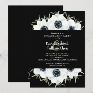 Black and White Floral Engagement Party Kaart