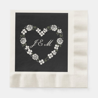Black and White Floral Heart Wedding Napkins Servet