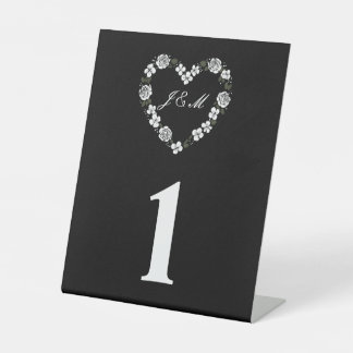 Black and White Floral Heart Wedding Table Number Reclamebord Met Voetstuk