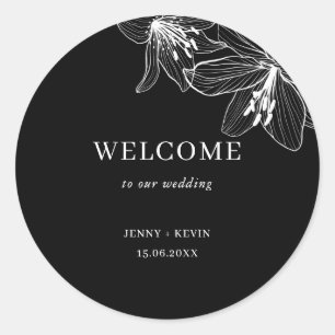 Black and White Floral Lilies welkom Ronde Sticker