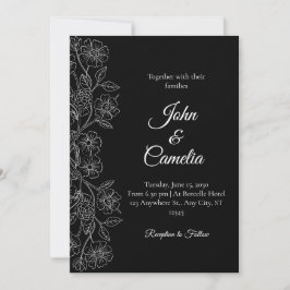 Black and White Floral Line Art Wedding Kaart