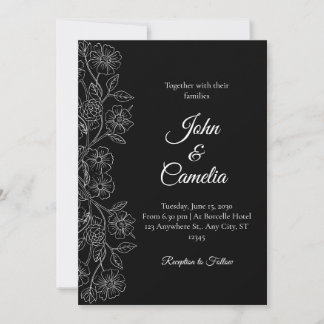 Black and White Floral Line Art Wedding Kaart