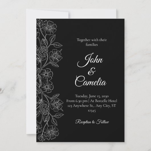 Black and White Floral Line Art Wedding Kaart (Voorkant)