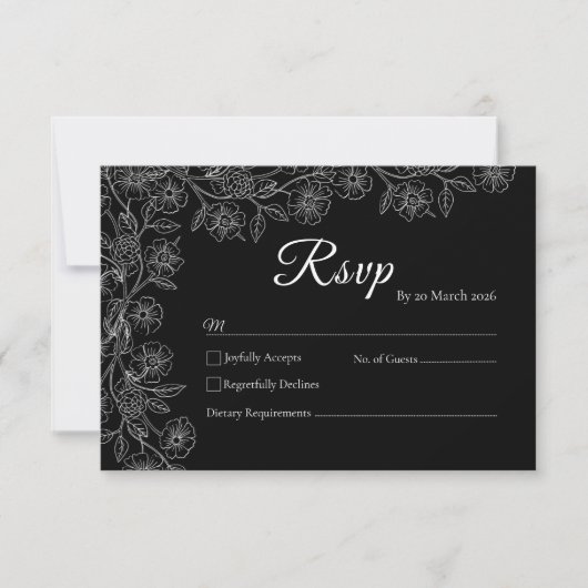 Black and White Floral Line Art Wedding RSVP Card (Voorkant)