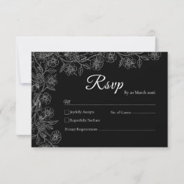 Black and White Floral Line Art Wedding RSVP Card Kaartje