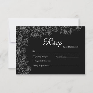 Black and White Floral Line Art Wedding RSVP Card Kaartje