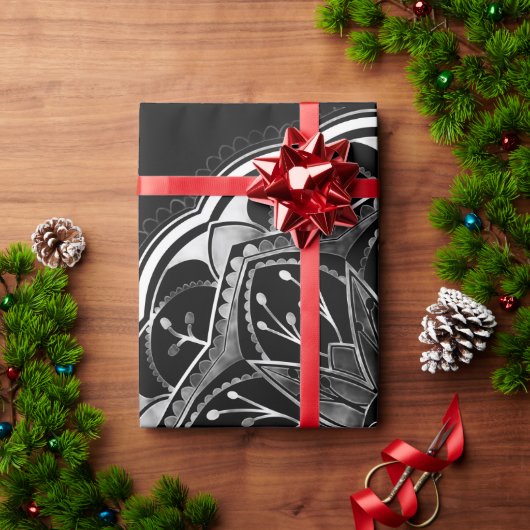 Black and white floral mandala  cadeaupapier (Feestdagen Geschenken)