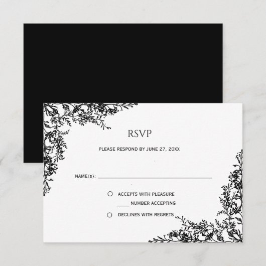 Black and White Floral Minimalist RSVP | Kaartje (Voorkant / Achterkant)